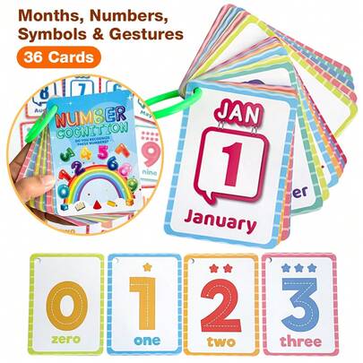36 Cards Months Numbers Symbols & Gestures Flash Cards Educational Learning Toys For Kids Preschool Kindergarten Classroom Must Have Homeschool Supplies