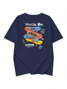 Japanese Style Women's Loose Casual Round Neck Letter & Skateboard Print Short Sleeve T-Shirt, Versatile For Spring/Summer - Navy Blue - View 4