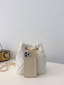 新款时尚经典百搭纯色菱形图案流苏金属抽绳单肩水桶包，优雅女士钱包，适合购物、工作、聚会等各种场合。 - 白色 - 查看 7