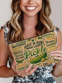 1pc "Just A Girl Who Loves Pickle" Printed Cosmetic Bag, Modern Polyester Lightweight Travel Organizer - Multicolor - View 3