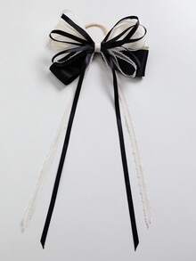 1 pieza Scrunchie de pelo estilo bohemio hecho a mano con borla y lazo - Blanco y Negro - Ver 4