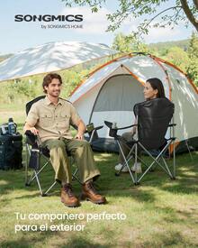 SONGMICS Silla de Exterior Plegable, Asiento Amplio, Respaldo Alto, Portavasos, Organizador, Portátil, Negro y Gris - Negro - Ver 2