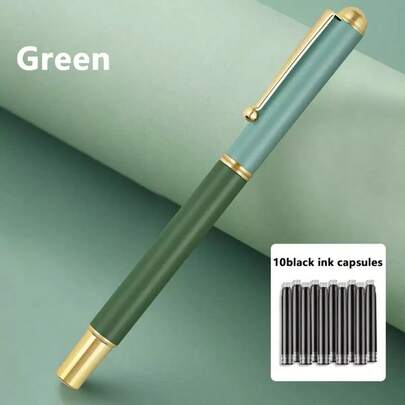 1 Metal Pen + 10 Black Ink Cartridges, Suitable For Writing, Drawing, Business And Office Use