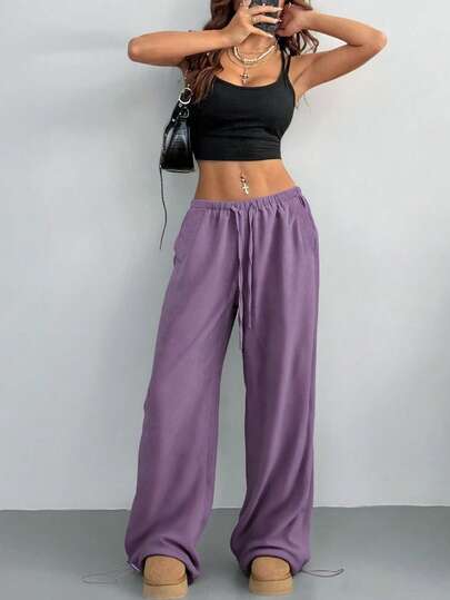 Women's Casual Non-Stretch Wide Leg Pants With Drawstring Waist & Ankle Ties Spring