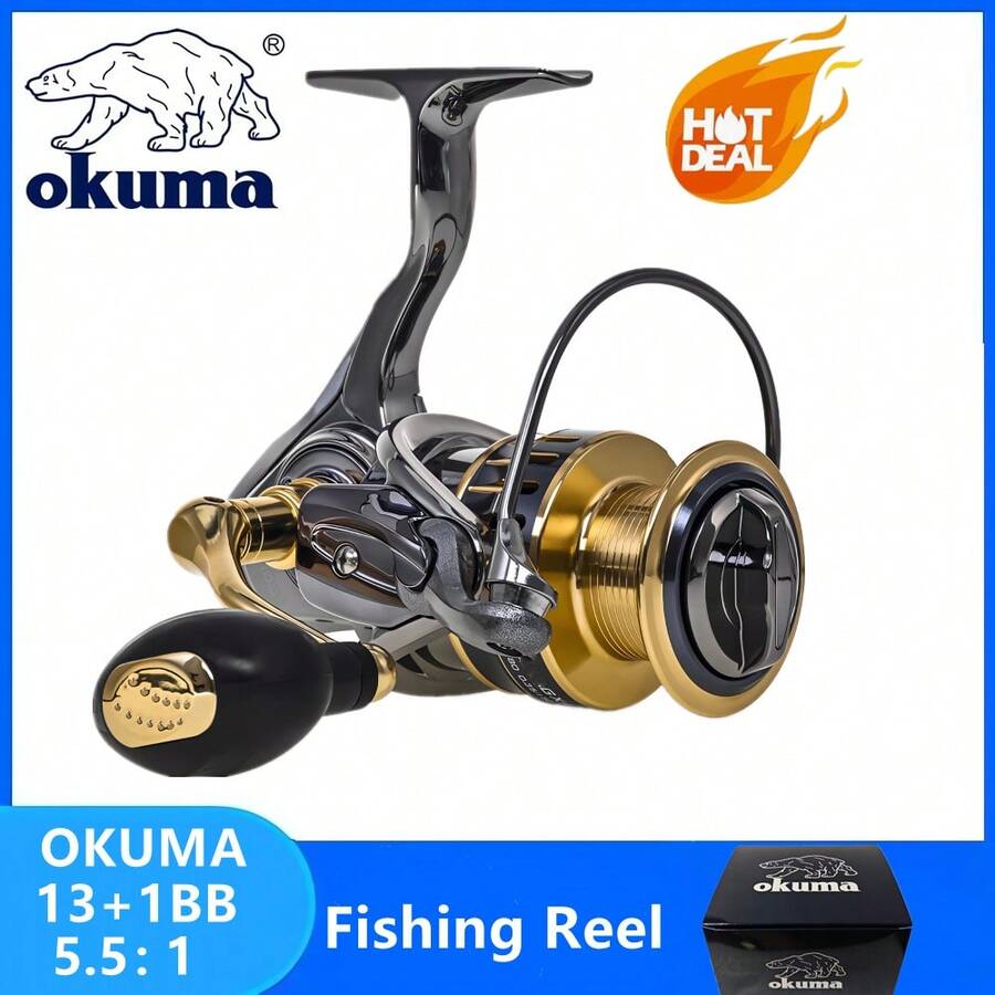 OKUMA Sea Fishing Spinning Wheel Fishing Reel 13+1BB Power Spinning Wheel Fishing Coil Metal Rocker Arm Wire Cup Shallow Spool Suitable For All Waters - Black - View 1