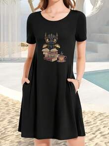 Dragon Pattern Book Print European And American Style Round Neck Loose Casual Short-Sleeve Pocket T-Shirt, Summer Elegant Dress - Black - View 6