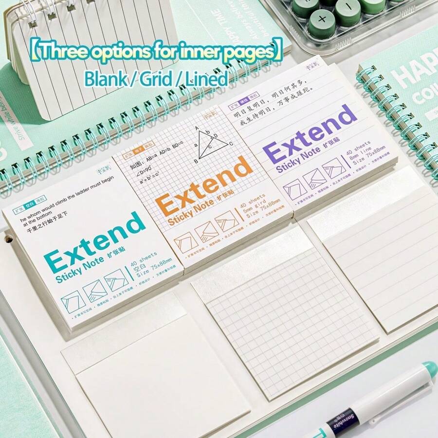 1 Pack (40 Sheets) Expandable Self-Adhesive Sticky Notes, Includes Blank/Grid/Lined Self-Stick Notes, Easy To Stick Memo Pads, Great For Labeling, Messaging, Reminding, Notebook Annotation And Work Reminder