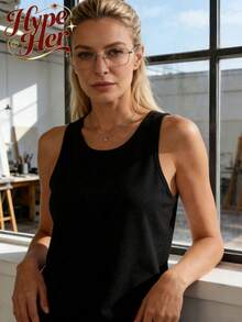 HypeHer New Summer 2026 Women's Versatile Commuter Pure Color Round-Neck Tank Undershirt Streetwear Slim Fit Camisole Tank Top, Spring/Summer, Summer Outfits For Women. - 黑色 - 查看 3