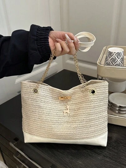 1 st. damväska med broderad färgblocksmönster och strå, tecknad hjortberlock, tryckknappsknäppning, justerbar kedjerem, lämplig för shopping och resor