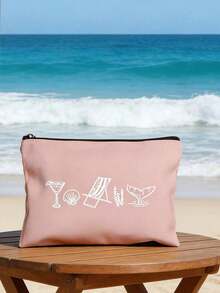 Customized Coastal Style Makeup Bag - Personalized Design "Last Beach Toast" Pattern, Reusable Makeup Bag With Glasses And Shell Elements, Lightweight Hand-Painted Style, Convenient And Practical Makeup And Toiletry Storage Pouch - Multicolor - View 8