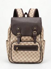 Stylish Vintage Checkered Print Backpack With Gold Buckles - Old Money Style - Beige - View 1