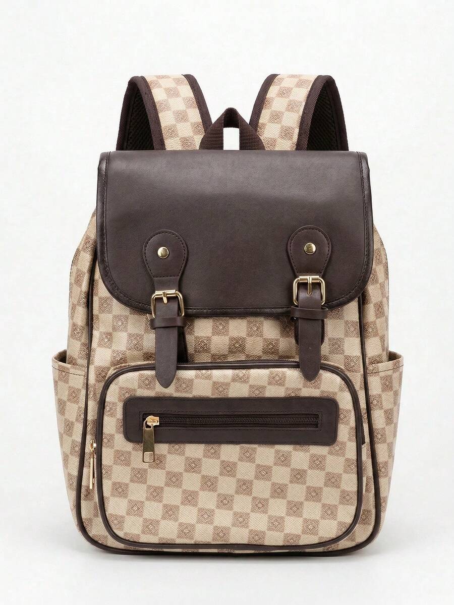 Stylish Vintage Checkered Print Backpack With Gold Buckles - Old Money Style - Beige - View 1