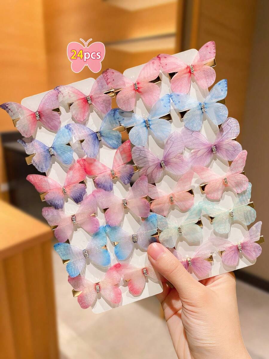24pcs Colorful Gradient Chiffon Butterfly Hair Clips