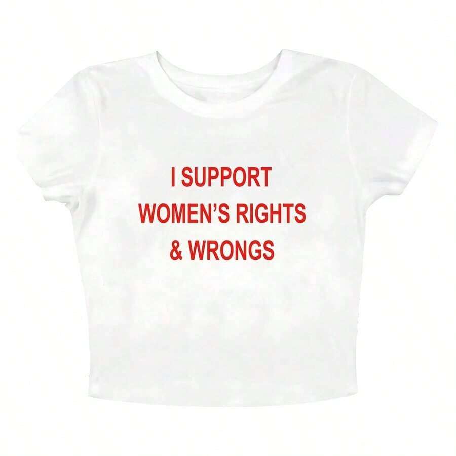 Women Casual Printed Round Neck Short Sleeve Top I Support Womens Rights And Wrongs Cropped-Shirt Y2k Crop Top American-Style Sporty Crop Top, Black Midriff-Baring-Shirt, Summer Sportswear.-Cozy Summer Essential & Casual Chic - trắng - Xem 1
