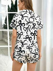 2pcs/Set Women's Short Sleeve Button-Up Collar Top And Shorts Pajama Set, Comfortable Casual Loose Loungewear For Spring, Summer, Autumn, Winter, Bow Knot Design, Simple Basic Style (Random Print), Stretchy, Suitable For Home And Outings - White - View 2