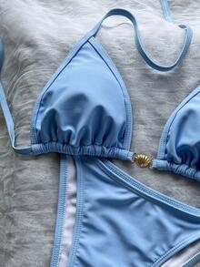 Ladies' Shell Metal Buckle Pure Blue Triangular Cup Bikini Two Pieces Set, Summer Beach Vacation Party Fashionable, Elegant And Casual Swimsuit Set - Mint Blue - View 7