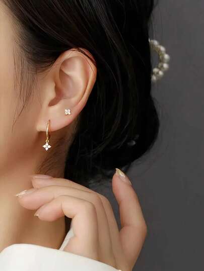 S925 Sterling Silver Lucky Four-Leaf Clover Earrings, Zirconia Ear Cuff, Mini Crystal Flower Earring Set, Fashion Earrings Gift For Valentine's Day