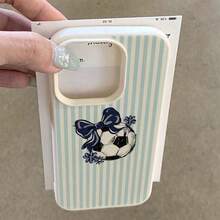 1pc TPU Material Sweet Blue & White Striped Bow Tie Football Pattern Phone Case Compatible With IPhone 17 Pro Max/17/16 Pro Max/15/13/12/11, S20 FE/A15/S24/A55, Note 11/Note 12/Note 13 Pro, Full Coverage Anti-Drop Soft Protective Phone Case - White - View 3