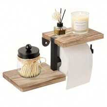 1/2pcs Wall Mounted Wooden Toilet Paper Holder, 2-In-1 Tissue Storage Rack, Rustic Farmhouse Style Organizer For Bathroom & Kitchen - 2 Pcs - View 3