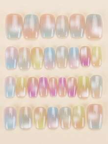 30 pegatinas cuadradas para uñas cortas, de color degradado de ojo de gato semi-transparente que se ve talla grande claro y suave bajo la luz. El estilo general es suave y fresco con un ambiente sanador de primavera, detalles delicados, adecuado para el uso diario, citas u ocasiones que prefieren el estilo minimalista. Presenta un color blanco duradero. Uñas postizas - Multicolor - Ver 4