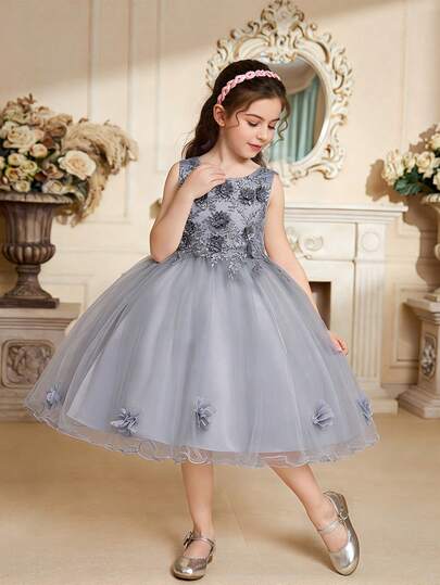 Young Girls' Round Neck Faux Pearl Embroidered 3D Floral Mesh Elegant Party Dress, Suitable For Birthday, Important Occasions, Festivals, Does Not Include Headband