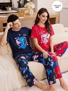 Disney Bộ đồ ngủ đôi 2 món cho ngày Valentine, bộ đồ ngủ nữ tay ngắn và quần dài mềm mại, đồ mặc nhà thoải mái thường ngày. - Đỏ - Xem 3