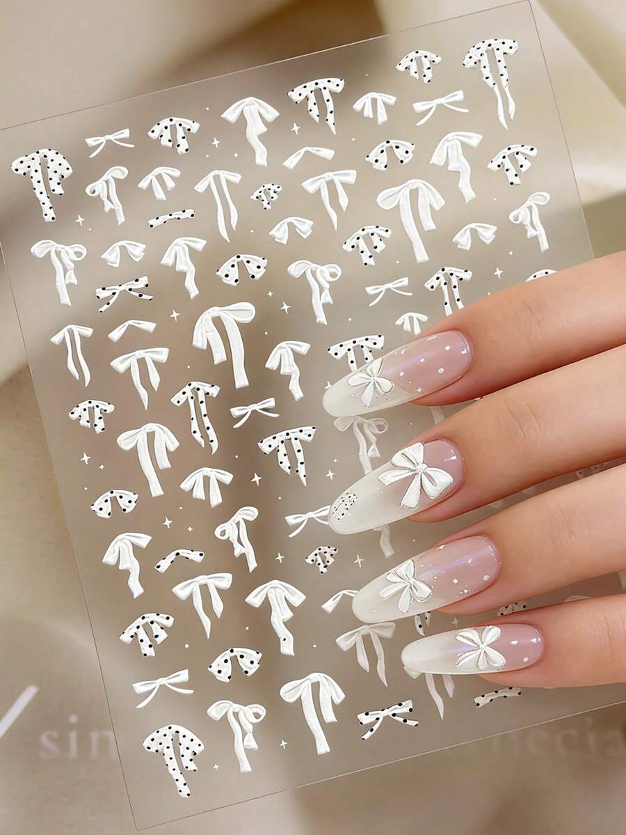 1件 3D白色蝴蝶結美甲貼紙，波點緞帶蝴蝶結自黏式美甲貼，適合婚禮派對，極簡可愛設計 DIY 美甲裝飾，適用於美甲店與居家，持久耐用，適用於凝膠美甲與美甲用品美甲貼