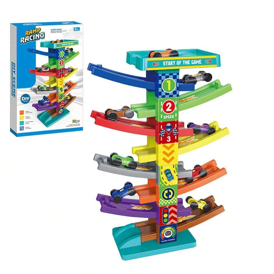 Pista de Coches Rampas para Niños con 8 Coches,Juguete de Carreras Educativo de 9 Niveles,Juguete de Pista de Carros Estacionamiento,Regalos para Niños para Navidad,Cumpleaños - verde menta - Ver 1