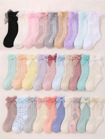 8/1 Pair Random Color Baby Girl Knee High Socks With Bow Decor, Comfortable Mesh Design, Breathable For Summer, Suitable For Dance, Princess Dresses, Matching Any Outfit, Great For Birthday Party, Daily Wear, Gift, Valentine's Day