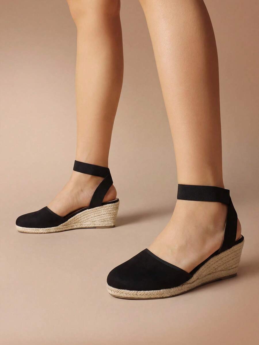 Women's 2.2-Inch Espadrilles Wedge Sandals Closed Toe Elastic Ankle Strap For Vacation Commuting Summer Shoes - Black - View 1