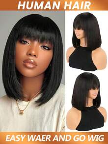 Silky Straight With Bangs Glueless Human Hair Wigs Machine Made Wigs Bob Shoulder Length Wigs For Women 180% Density - Natural Black - View 2