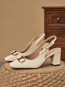 WHDXY Giày sandal hở gót mũi vuông màu mơ nhạt, khóa kim loại, gót dày 7cm, kiểu dáng thanh lịch, phù hợp cho đi làm, công sở, hẹn hò, mặc hàng ngày và các dịp giao lưu nhẹ nhàng. - Màu be - Xem 2