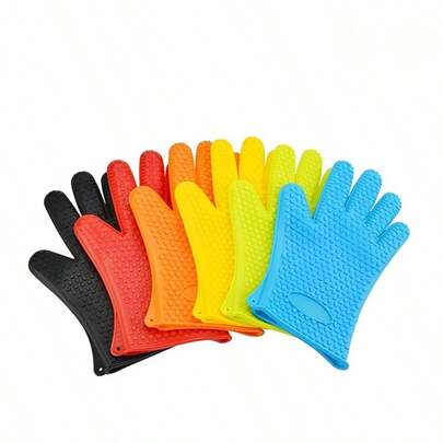 130g Random Color Heart Shape Microwave Non-Slip Silicone Gloves Heat Resistant Anti-Scald Thick Anti-Cut Five Finger Gloves