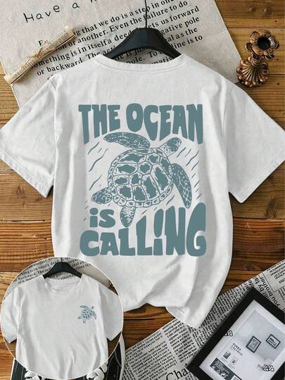 Camiseta de manga corta con cuello redondo, de estilo casual y vacacional para mujer de talla grande, impresa con tortuga marina y patrón de letras. Fresca y cómoda, versátil, adecuada para primavera y verano. Muy apropiada para la playa, vacaciones y viajes. Adecuada para vacaciones, playa, temporada de graduación y vuelta al colegio.