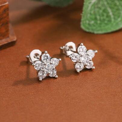 Pendientes de botón con flor de circonita en forma de pentágono, color plateado, elegante y accesorio para mujer, regalo para todas las ocasiones
