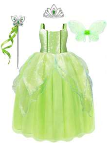 Light Up Dress For Girls Halloween Costume Toddler Fairy Dress & Wings Green Fairy Girls Costume Princess Ball Gown Kids Birthday Party Cosplay Dress Up - 綠 - 查看 6