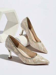 女士镶钻时尚高跟鞋 - 金色 - 查看 12