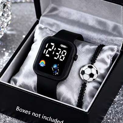 2/1pc/Set, Fashionable Minimalist Elegant Square Digital Display Watch With Football Bracelet Set, Suitable For Men And Women. Perfect For Gatherings, Parties, Schools, And Great Gift Choice For Mother's Day, Back To School, Wedding Season, Easter To Give To Mom/Friends