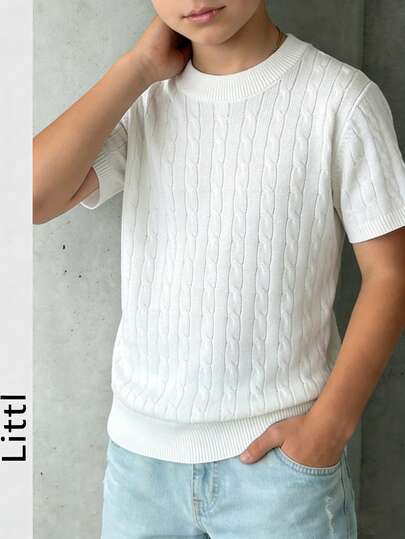 男童基础款纯色麻花针织短袖毛衣，儿童休闲圆领针织上衣，百搭日常针织衫