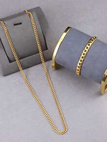 2件套男士时尚不锈钢简约百搭项链和手链套装 - 金色 - 查看 1