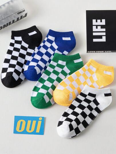 5 đôi tất cổ ngắn nữ kẻ caro phối màu, kiểu dáng preppy tương phản, thời trang thường ngày, tất cổ thấp mùa xuân/hè.