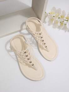 经典、舒适、时尚的女士平底人字拖、凉鞋 - 米色 - 查看 2