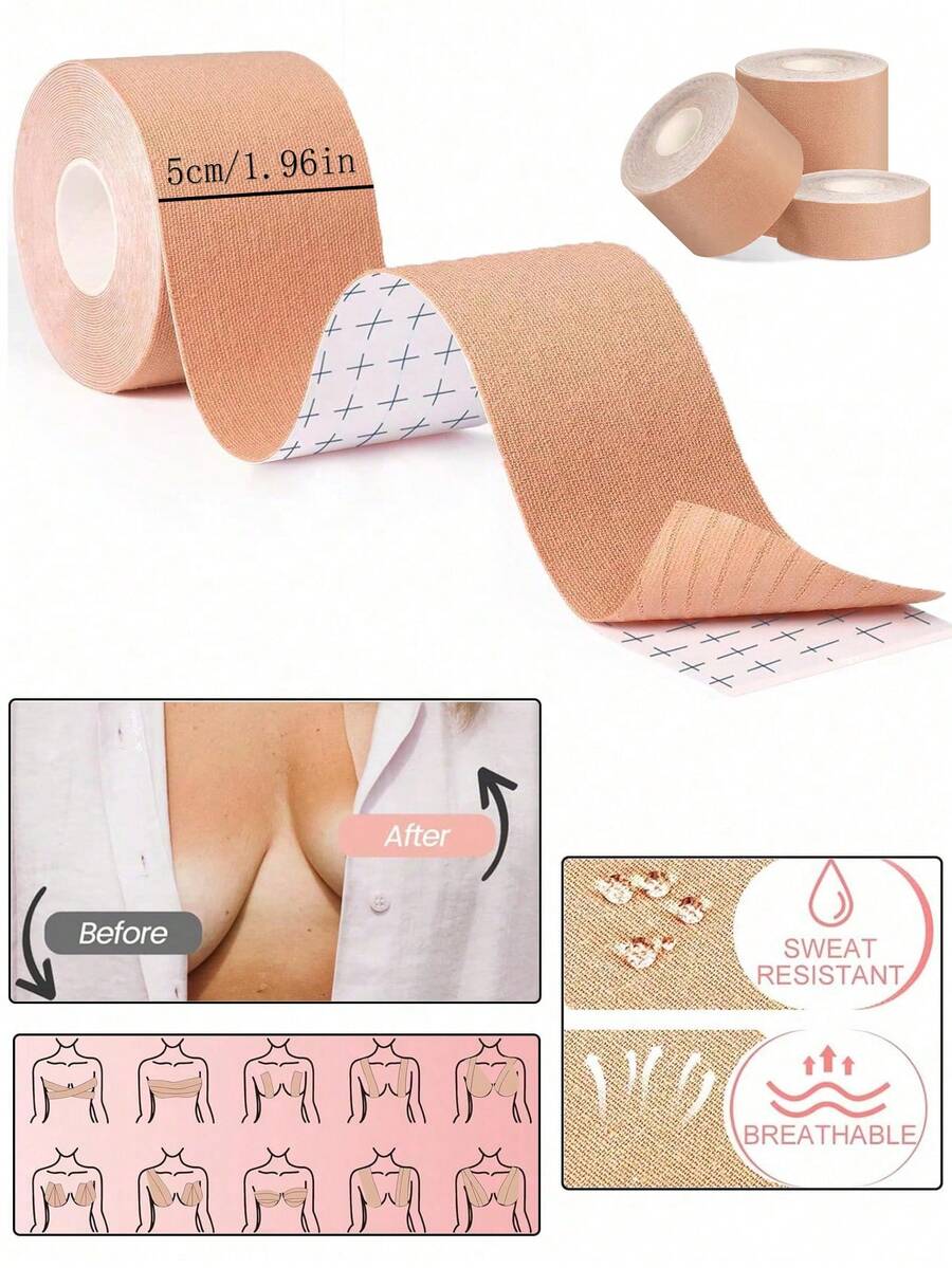 1 Cuộn Băng Nâng Ngực Vô Hình Nhiều Kích Cỡ, Nhiều Kiểu Dáng Có Sẵn, Chất Liệu Cotton-Polyester, Vải Co Giãn Thoáng Khí, Thích Hợp Cho Phụ Nữ Đi Tiệc, Kỳ Nghỉ và Sử Dụng Hàng Ngày, Miếng Dán Nâng Ngực Tự Dính, Miếng Dán Đệm Dây Áo Ngực Cho Nữ - Màu be - Xem 1