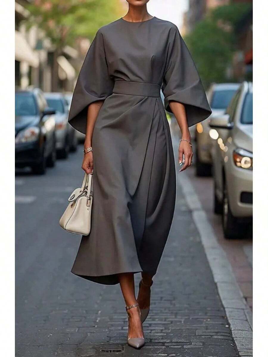 2026 Women S European American Fashion Elegant Solid Color Waist Cinching Bat Sleeve Long Dress Casual Party Work Office Dresses - 深灰色 - 查看 1
