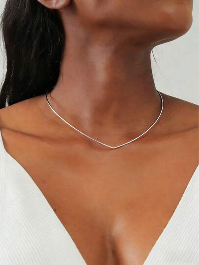 1 Pc Silver Color V-Shaped Choker Necklace For Women, Dainty Minimalist Snake Chain, Collarbone Accessory For Women