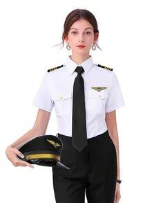 1/3/4/5/6/7件組 性感女飛行員與空服員服裝套裝，包含帽子、純色領帶、飛機圖案肩章、鈕扣與徽章，適合男女穿著的飛行員主題服裝，時尚派對機長服飾配件 - 彩色 - 查看 8