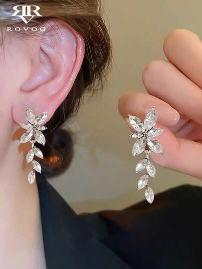 1 Pair Luxury Fashion Glass Inlaid Teardrop Floral Design Unique Elegant Earrings, Suitable For Daily, Casual, Party Wear For Women