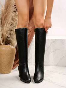 Sleek Knee-High Block Heel Boots - Side Zip Design For Elevated Casual & Night Out Styling (Timeless Elegance Meets All-Day Comfort) - Black - View 6