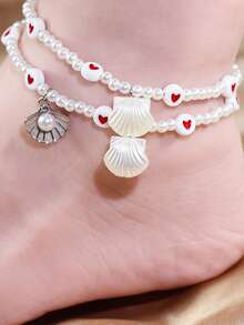 1条波西米亚风心形仿珍珠脚链，女士时尚贝壳串珠脚链，沙滩度假脚链 - 彩色 - 查看 1