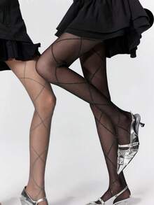 1 Pair Black/White/Beige/Grey Thin Metallic Criss-Cross Fishnet Stockings, Sexy For Spring/Summer - Multicolor - View 2